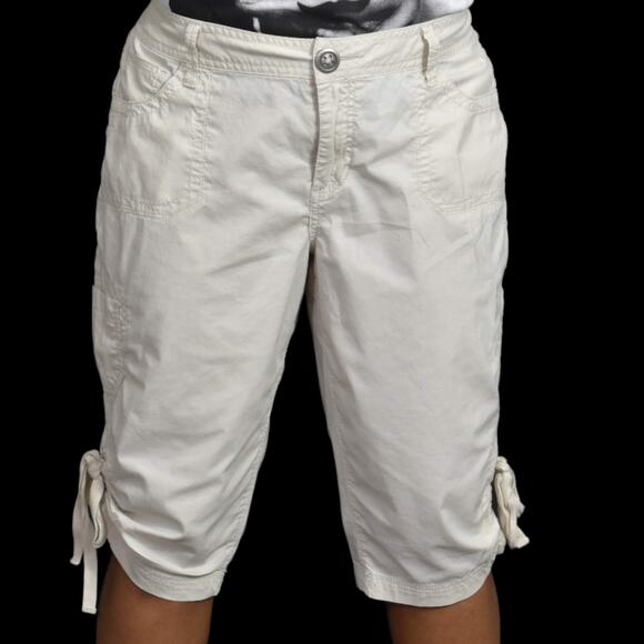 Vintage Cargo Capri Shorts Beige Bermuda Low Rise Embroidery Ruched Y2K Size 10 - Picture 10 of 13